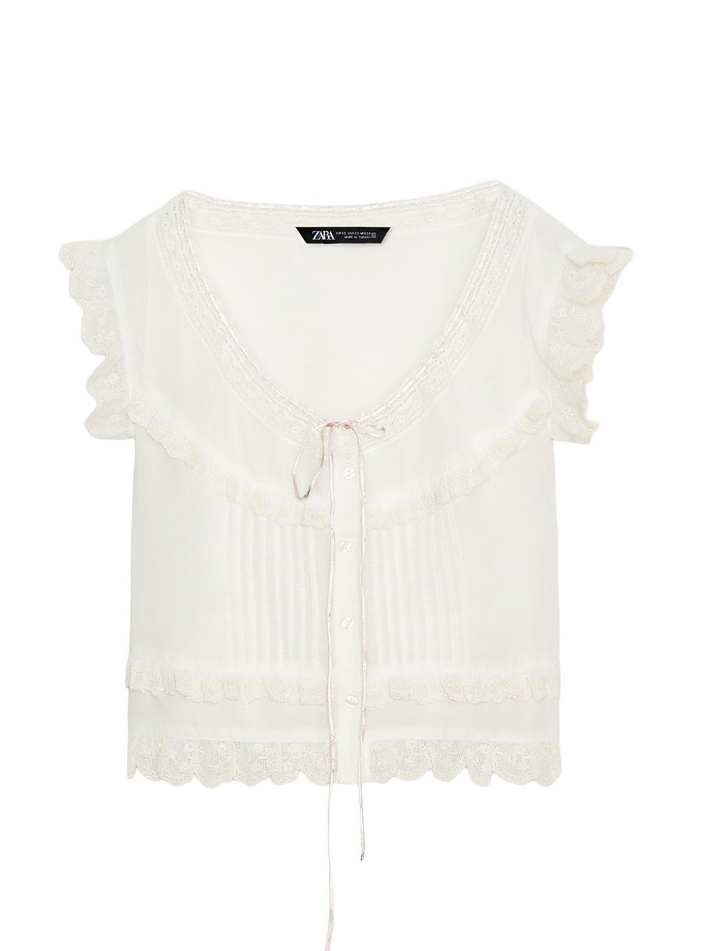 Zara Ivory Lace-Trim Tie-Neck Flutter Sleeve Blouse